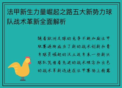 法甲新生力量崛起之路五大新势力球队战术革新全面解析