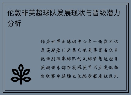 伦敦非英超球队发展现状与晋级潜力分析