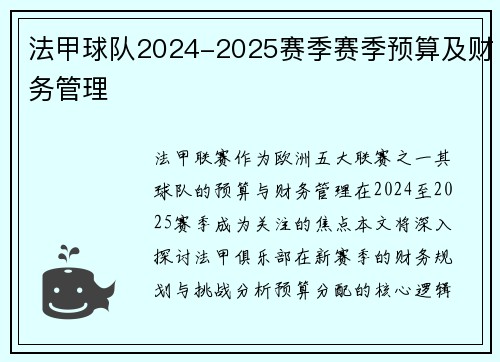 法甲球队2024-2025赛季赛季预算及财务管理